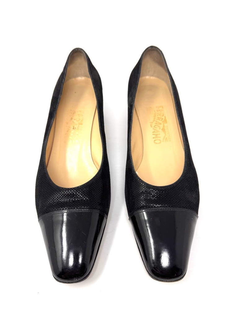 Salvatore Ferragamo Black Kid Suede, Patent Leather Shoes, Made In Italy, 9.5b